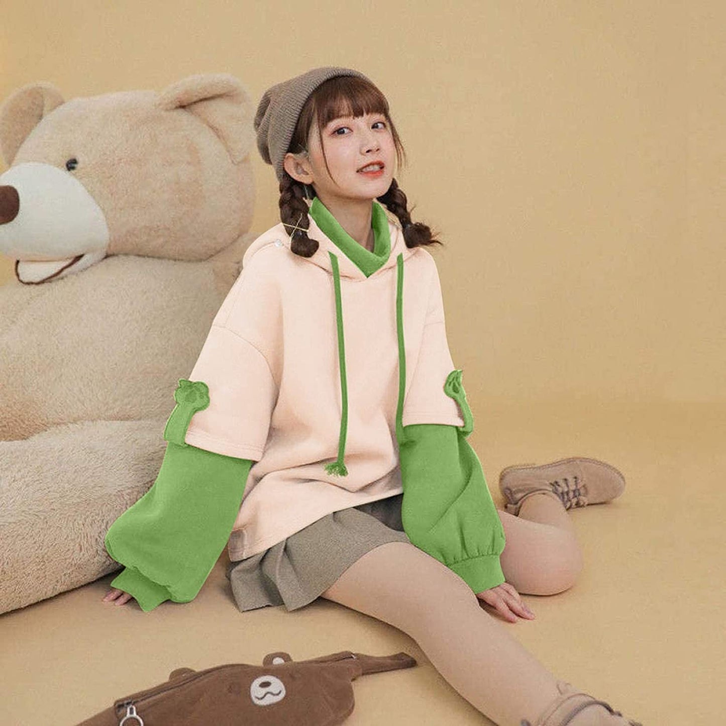 Brown Bear Hoodie for Womens Long Sleeve Sweatshirts Patchwork Shirts with Cute Personality Bag