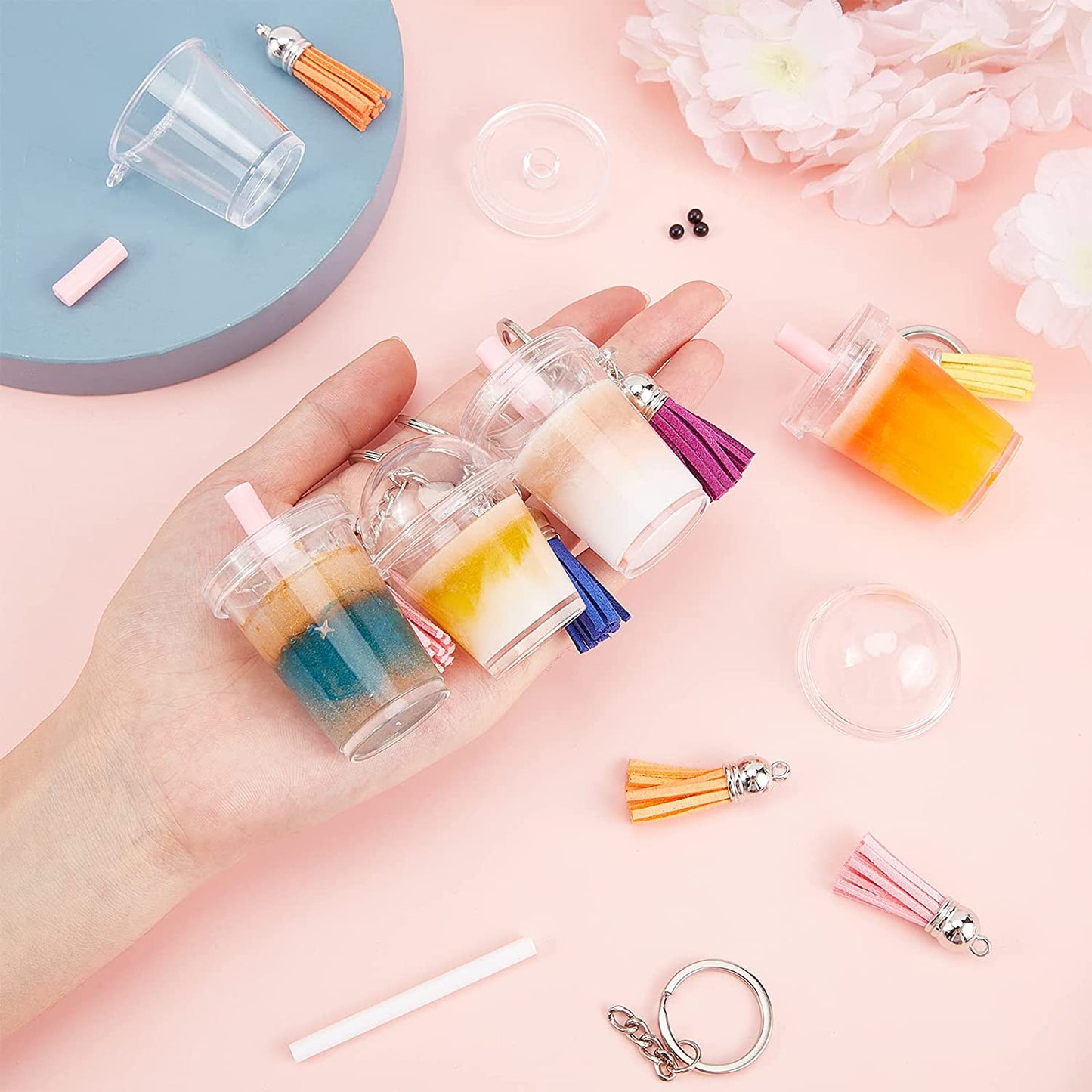 302Pcs Mini Milky Tea Keychain Accessories Bubble Tea Cream Glue Casting Kit Mini Cup Pendant Charms with Keychain Rings Tassels Bubbles Straws for Key Chain DIY and Earring Making