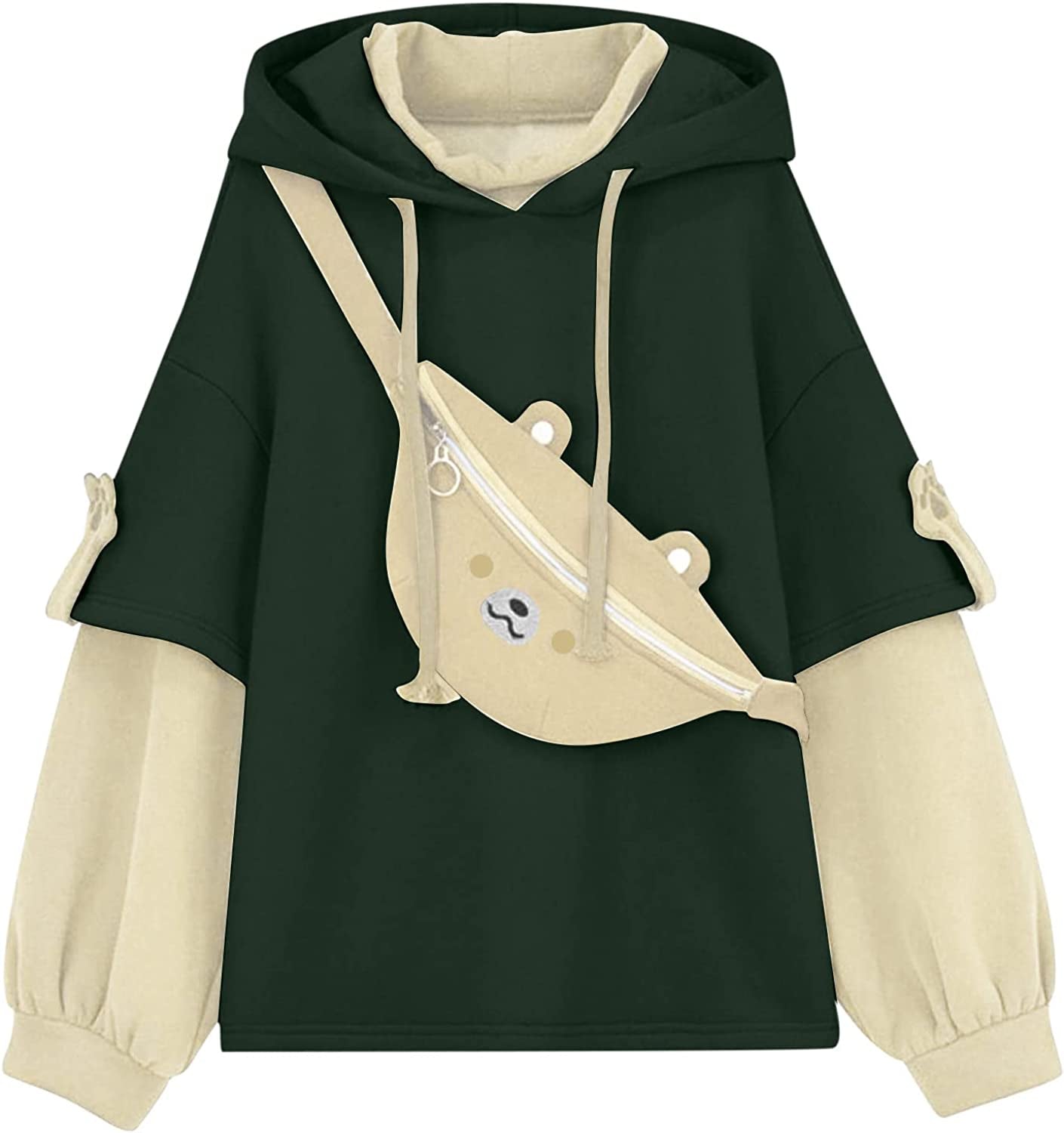 Brown Bear Hoodie for Womens Long Sleeve Sweatshirts Patchwork Shirts with Cute Personality Bag