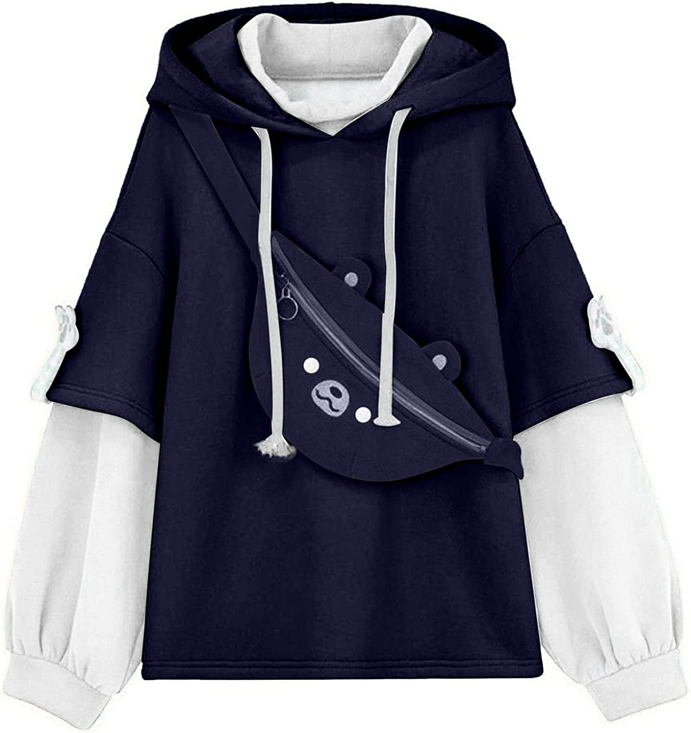 Brown Bear Hoodie for Womens Long Sleeve Sweatshirts Patchwork Shirts with Cute Personality Bag