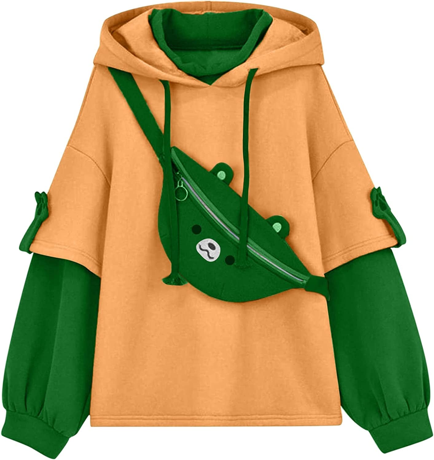 Brown Bear Hoodie for Womens Long Sleeve Sweatshirts Patchwork Shirts with Cute Personality Bag