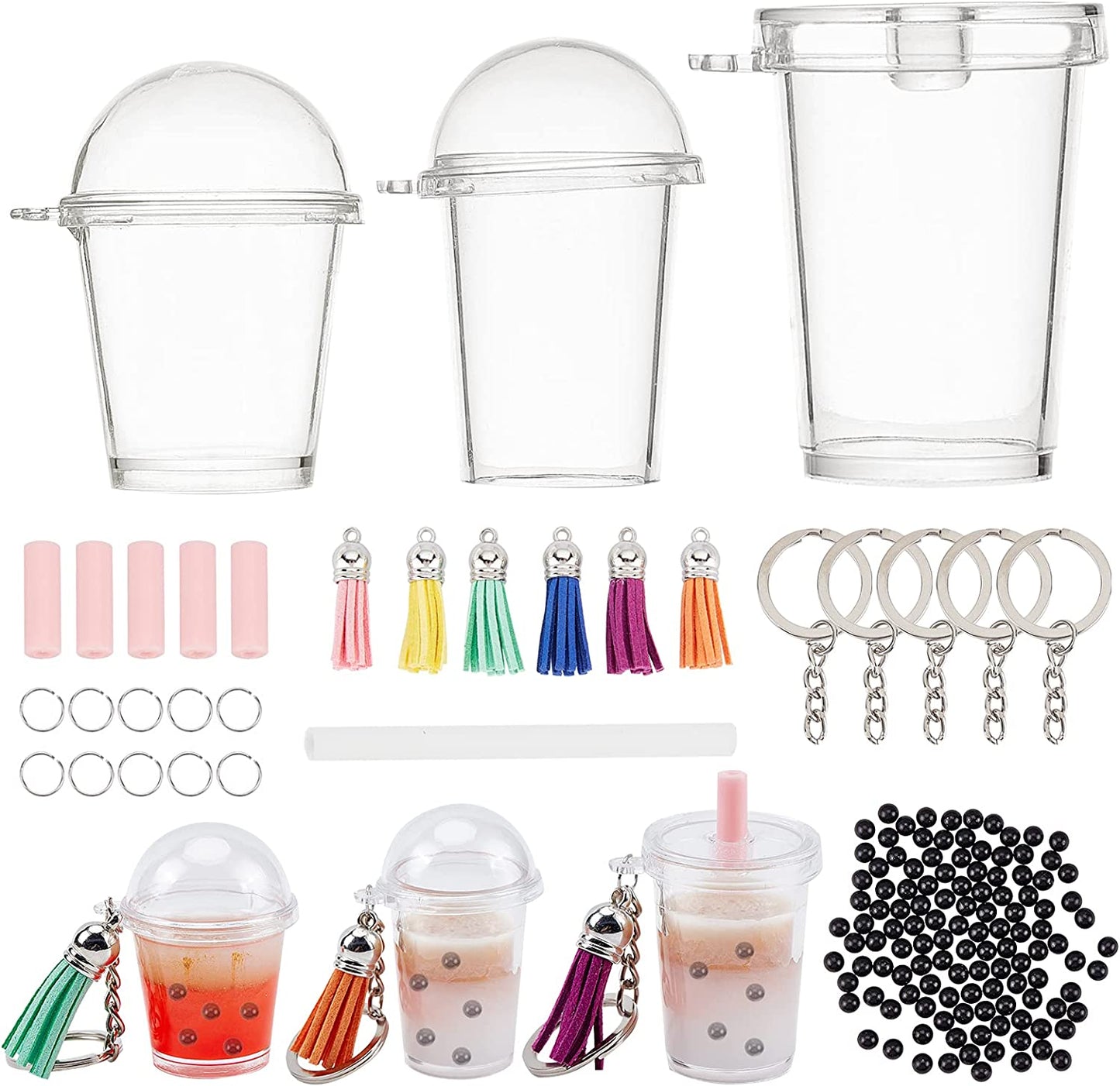 302Pcs Mini Milky Tea Keychain Accessories Bubble Tea Cream Glue Casting Kit Mini Cup Pendant Charms with Keychain Rings Tassels Bubbles Straws for Key Chain DIY and Earring Making