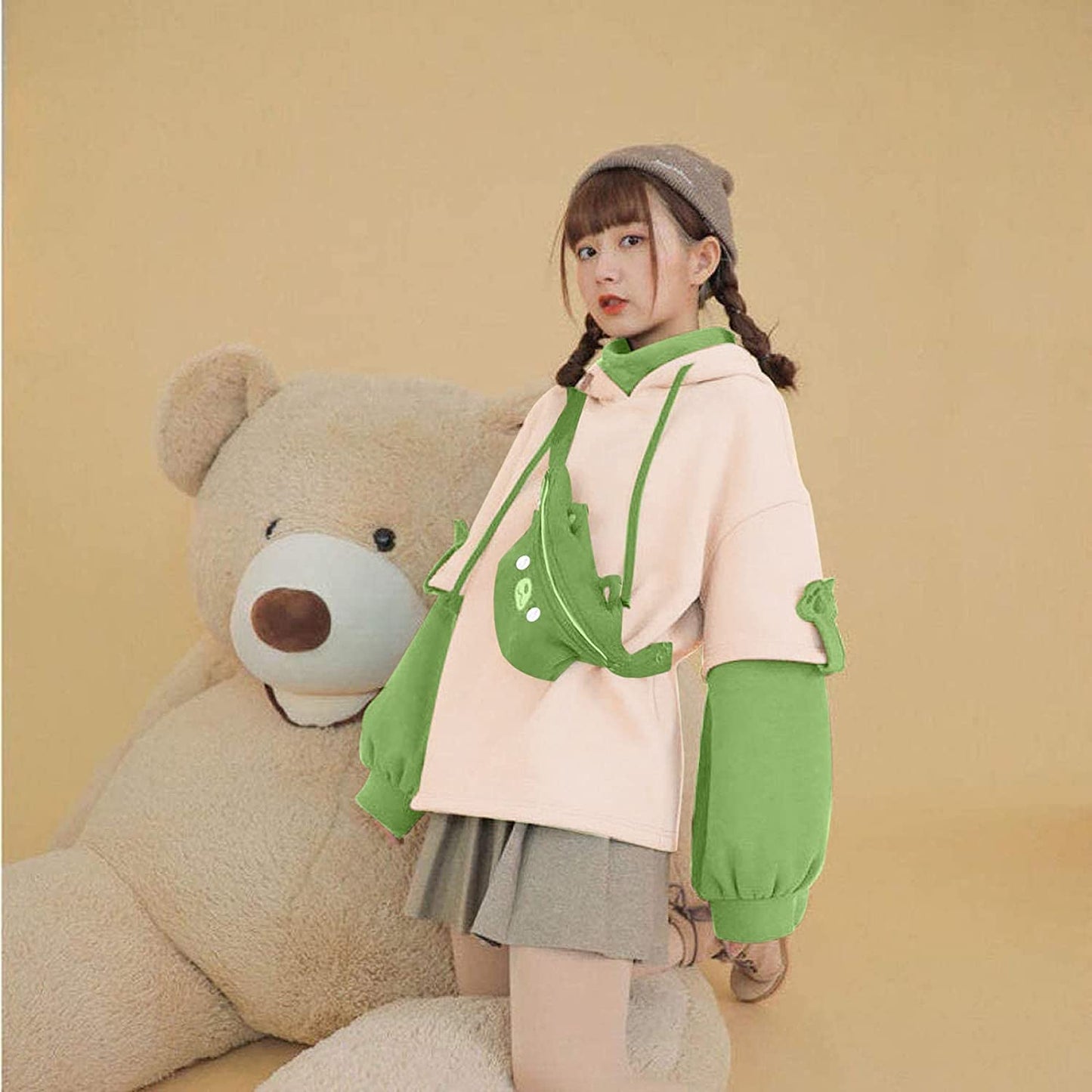 Brown Bear Hoodie for Womens Long Sleeve Sweatshirts Patchwork Shirts with Cute Personality Bag