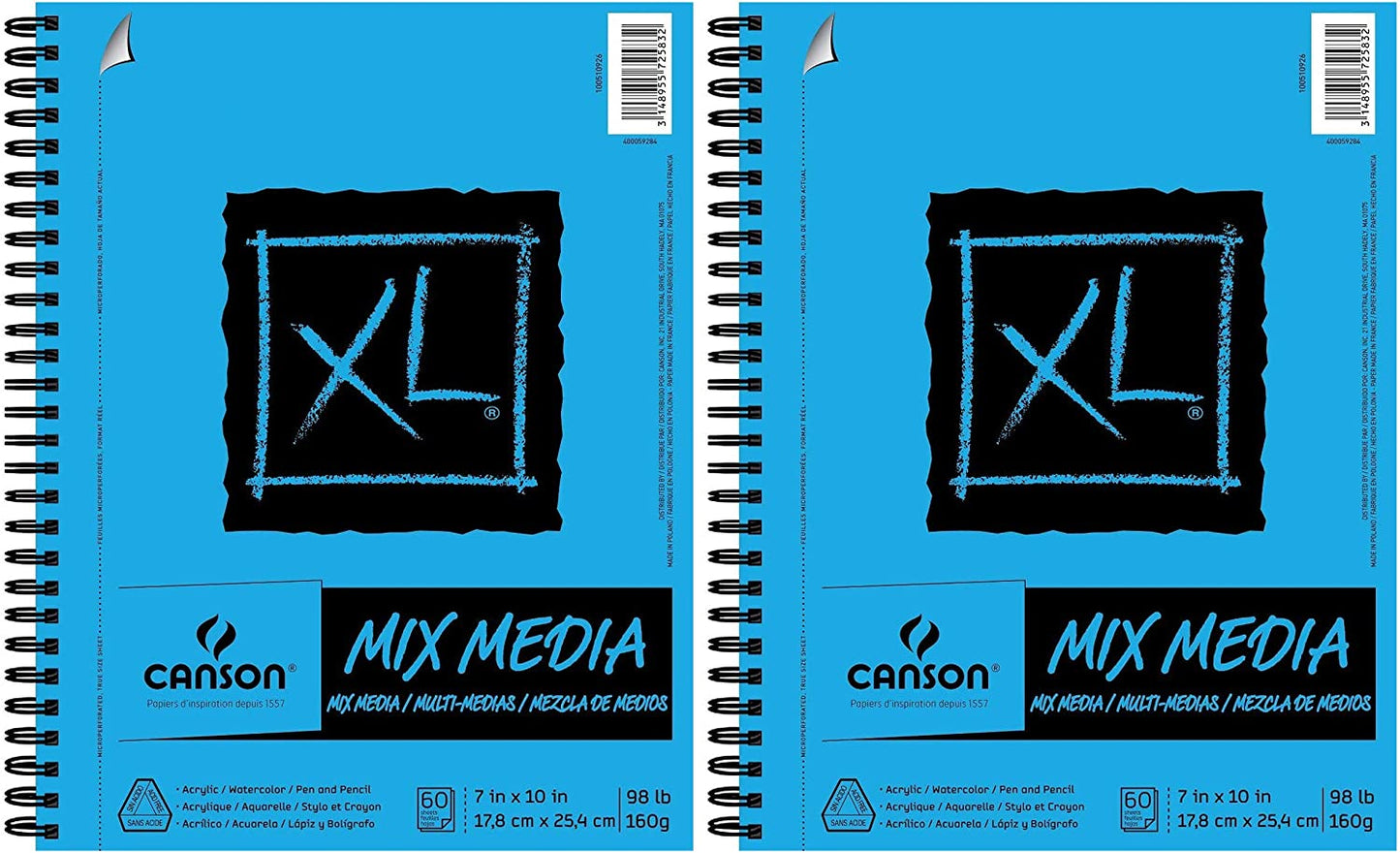 XL Series Mix Media Paper Pad, Heavyweight, Fine Texture, Heavy Sizing for Wet and Dry Media, Side Wire Bound, 98 Pound, 7 X 10 Inch, 60 Sheets - 100510926 (7" X 10" 2 Pack)