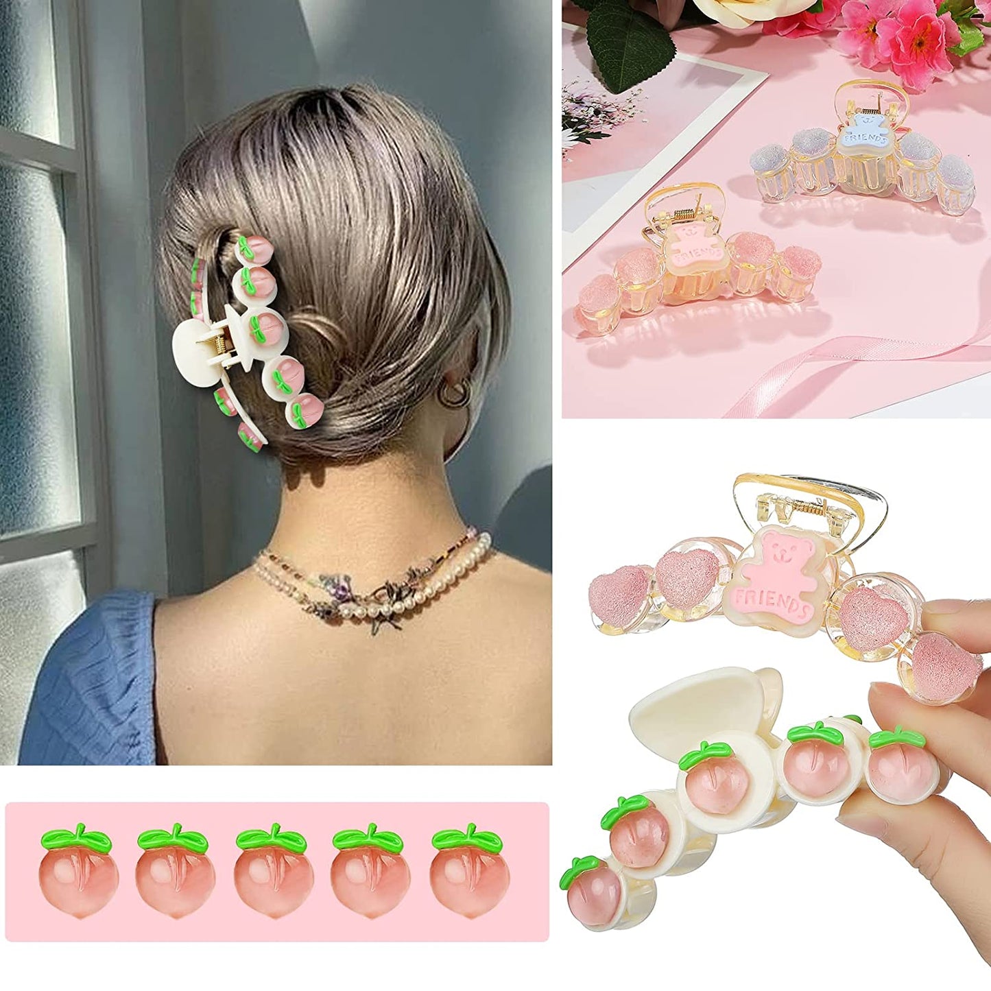 4 Pcs Hair Claw Clips, Warm Color Heart Sweet Bear Peach Shape Large Hair Claw Clips for Women Girls Thin Thick Curly Hair Blue Transparent Pink 4 Count (Pack of 1)