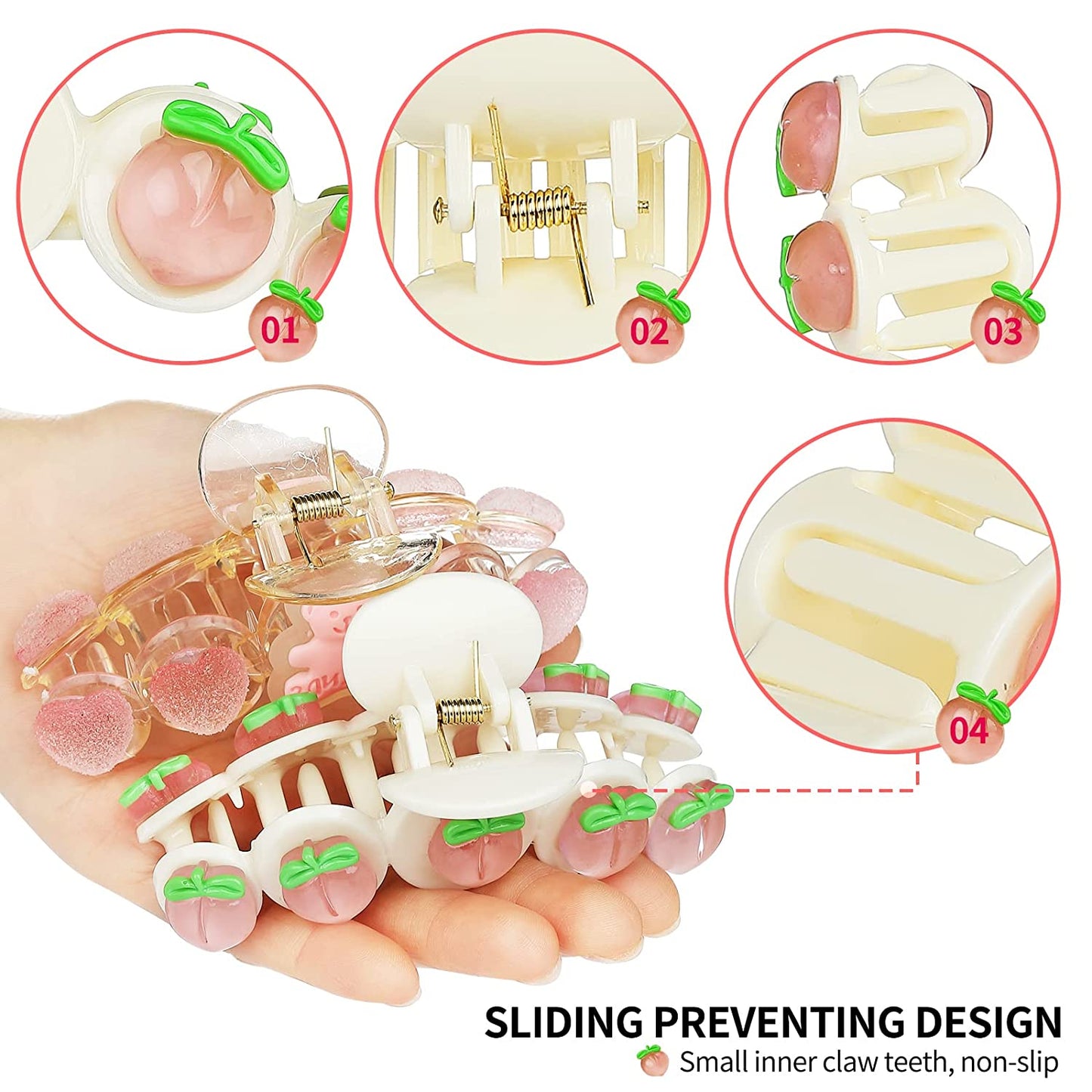 4 Pcs Hair Claw Clips, Warm Color Heart Sweet Bear Peach Shape Large Hair Claw Clips for Women Girls Thin Thick Curly Hair Blue Transparent Pink 4 Count (Pack of 1)