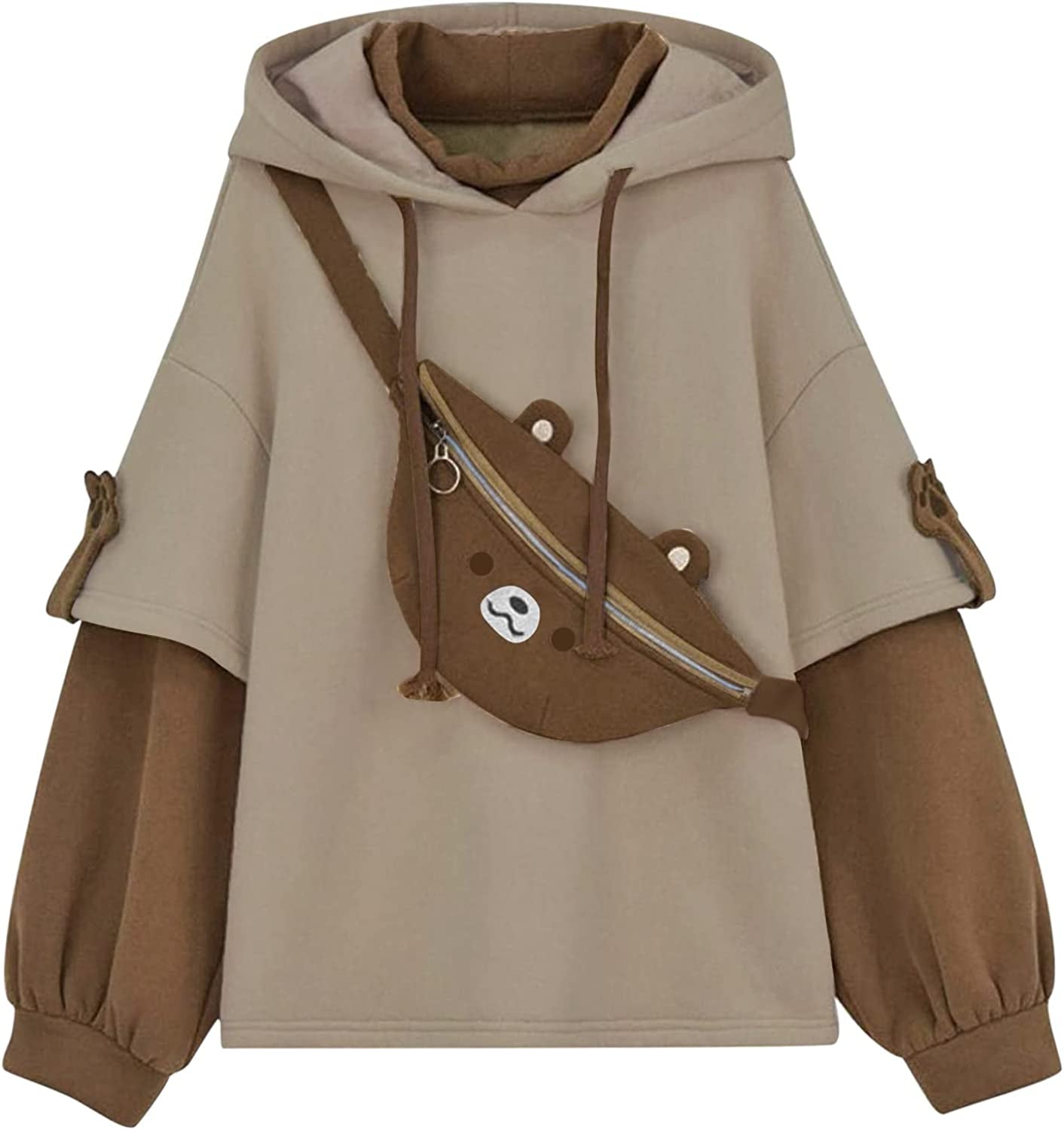 Brown Bear Hoodie for Womens Long Sleeve Sweatshirts Patchwork Shirts with Cute Personality Bag