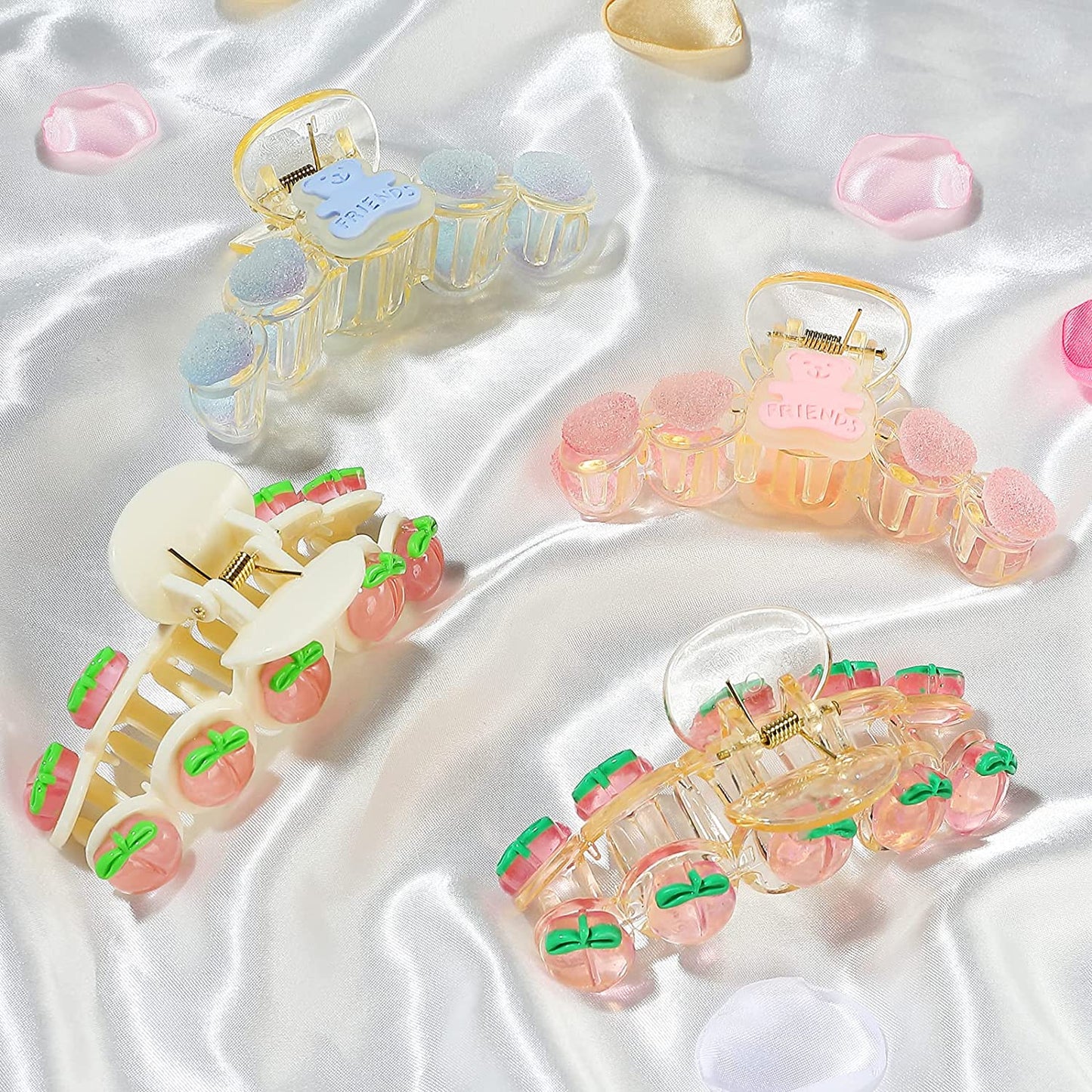 4 Pcs Hair Claw Clips, Warm Color Heart Sweet Bear Peach Shape Large Hair Claw Clips for Women Girls Thin Thick Curly Hair Blue Transparent Pink 4 Count (Pack of 1)