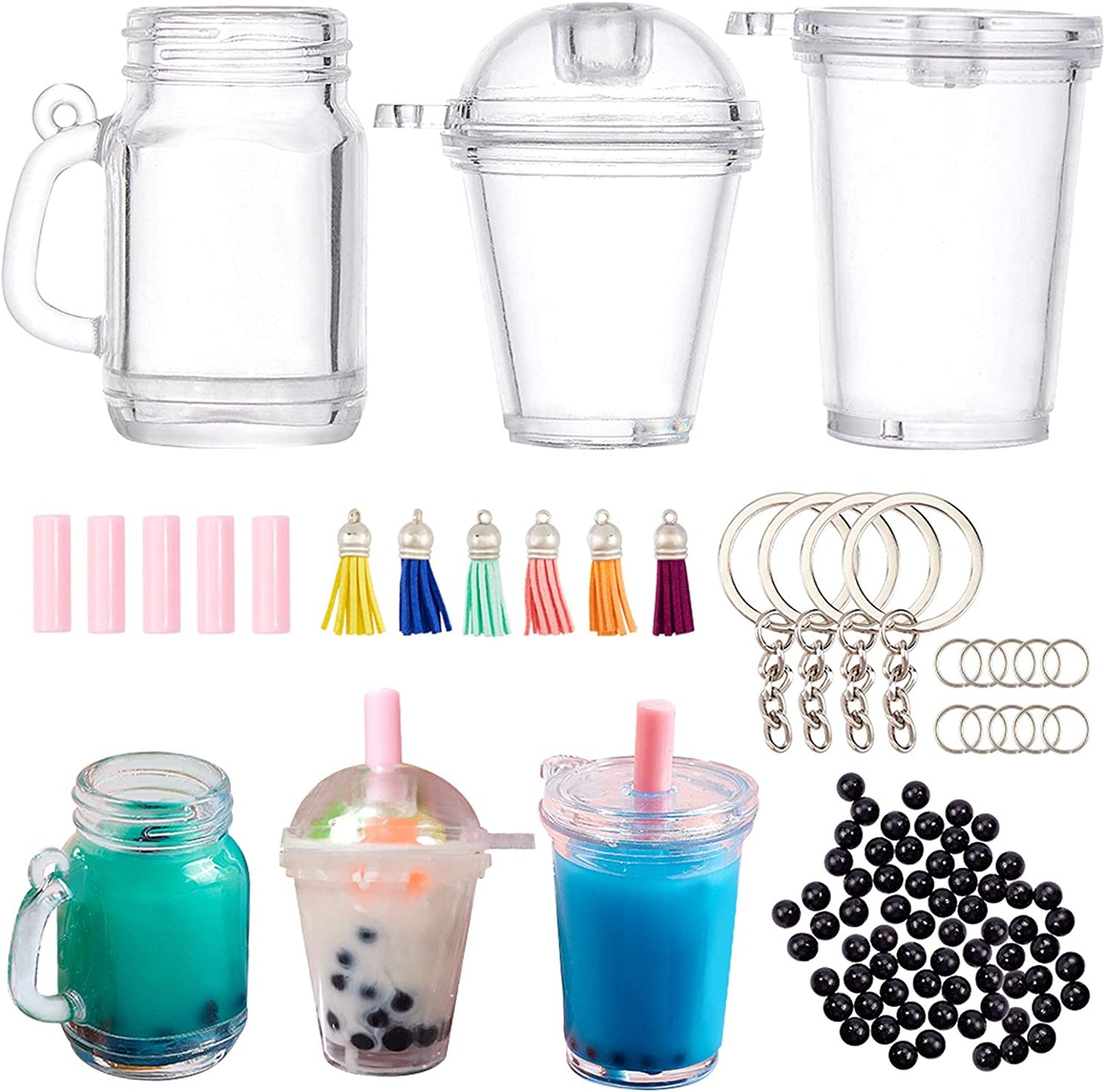 302Pcs Mini Milky Tea Keychain Accessories Bubble Tea Cream Glue Casting Kit Mini Cup Pendant Charms with Keychain Rings Tassels Bubbles Straws for Key Chain DIY and Earring Making