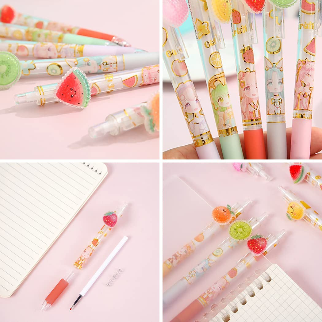Girl Cute Pens, Creative Fruit Pen, Retractable Gel Pens, Kawaii Gel Pen, 0.5Mm Extra-Fine Pen, Perfect for Office School Supplies Gifts for Boys Girls,Pack of 6Pcs (Cute Fruit)