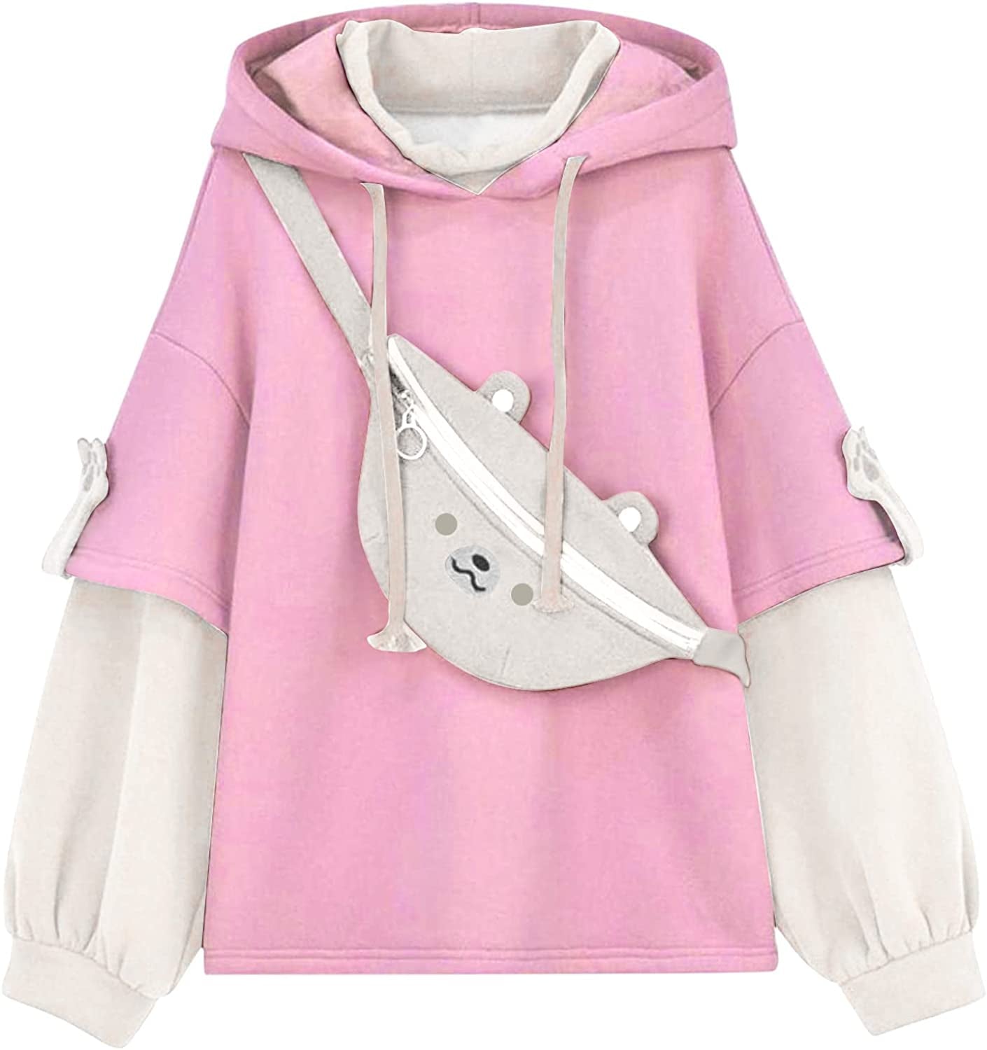 Brown Bear Hoodie for Womens Long Sleeve Sweatshirts Patchwork Shirts with Cute Personality Bag