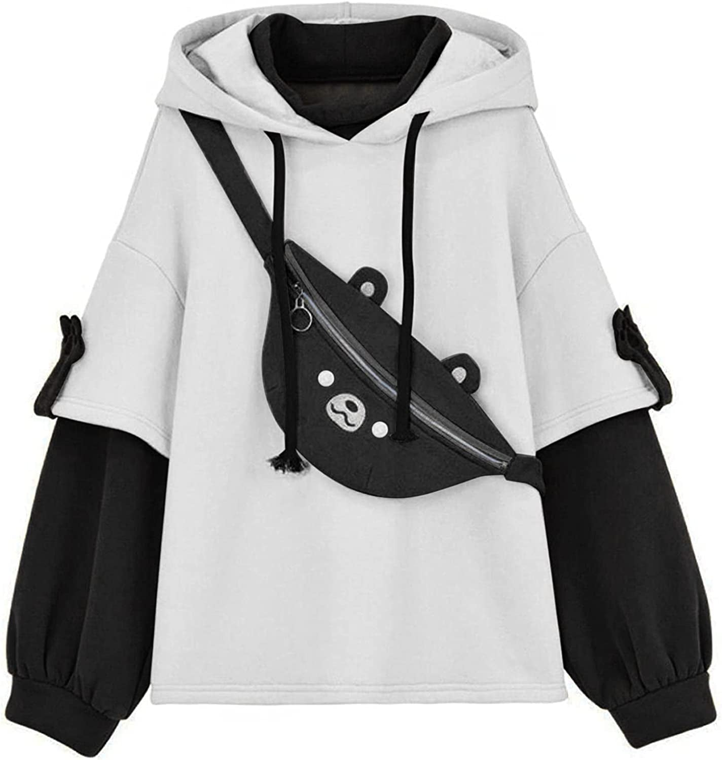 Brown Bear Hoodie for Womens Long Sleeve Sweatshirts Patchwork Shirts with Cute Personality Bag