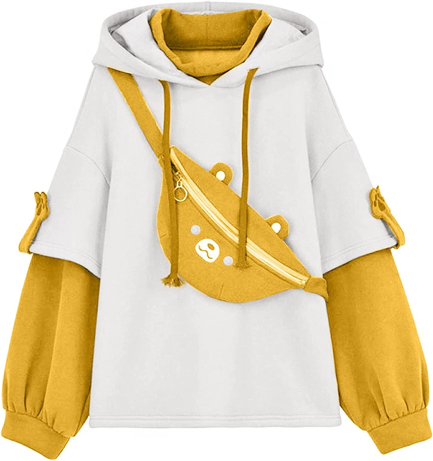 Brown Bear Hoodie for Womens Long Sleeve Sweatshirts Patchwork Shirts with Cute Personality Bag