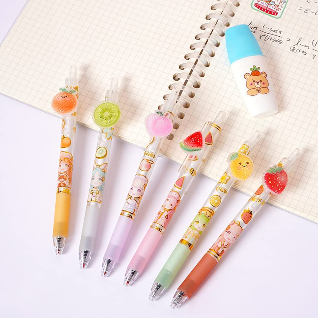 Girl Cute Pens, Creative Fruit Pen, Retractable Gel Pens, Kawaii Gel Pen, 0.5Mm Extra-Fine Pen, Perfect for Office School Supplies Gifts for Boys Girls,Pack of 6Pcs (Cute Fruit)