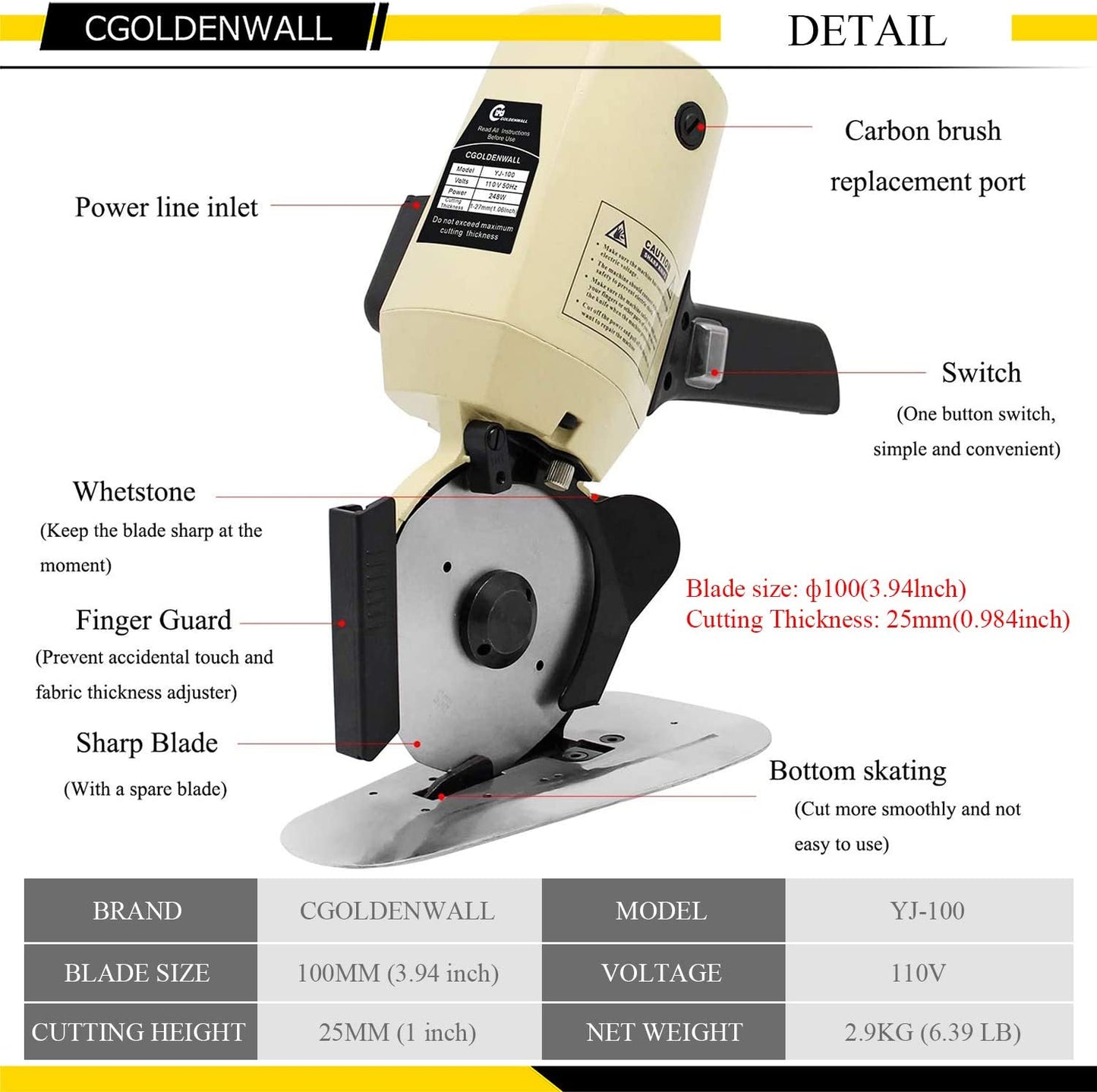Industrial Electric Rotary Cutter (Multi-Layer Fabric/Leather/Wool/Rubber/Carpet) 110V