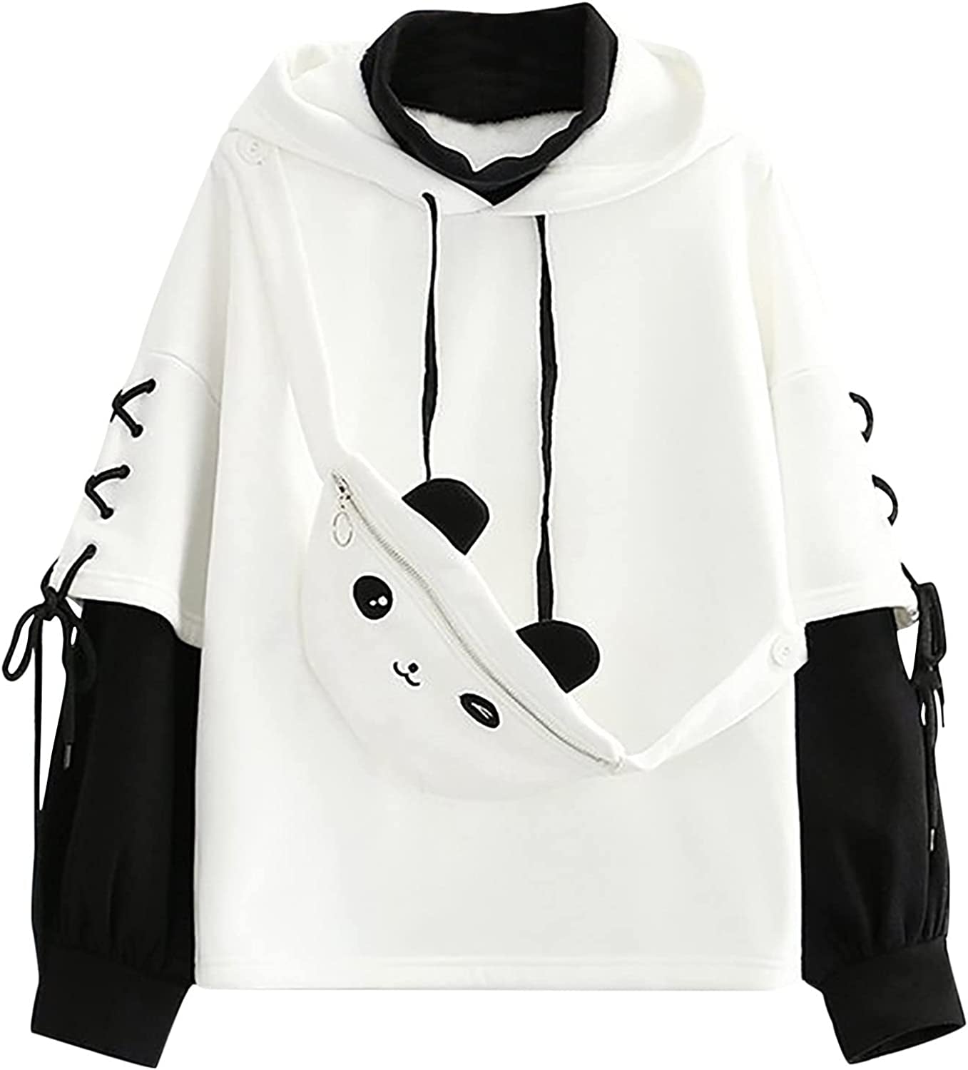 Brown Bear Hoodie for Womens Long Sleeve Sweatshirts Patchwork Shirts with Cute Personality Bag