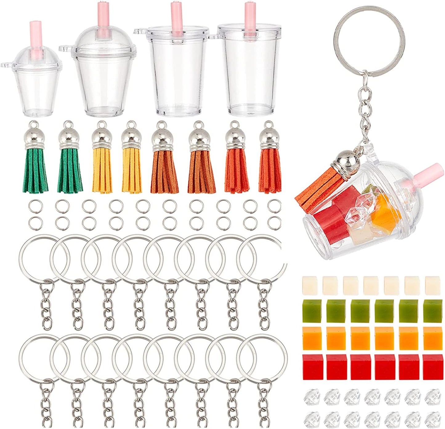 302Pcs Mini Milky Tea Keychain Accessories Bubble Tea Cream Glue Casting Kit Mini Cup Pendant Charms with Keychain Rings Tassels Bubbles Straws for Key Chain DIY and Earring Making