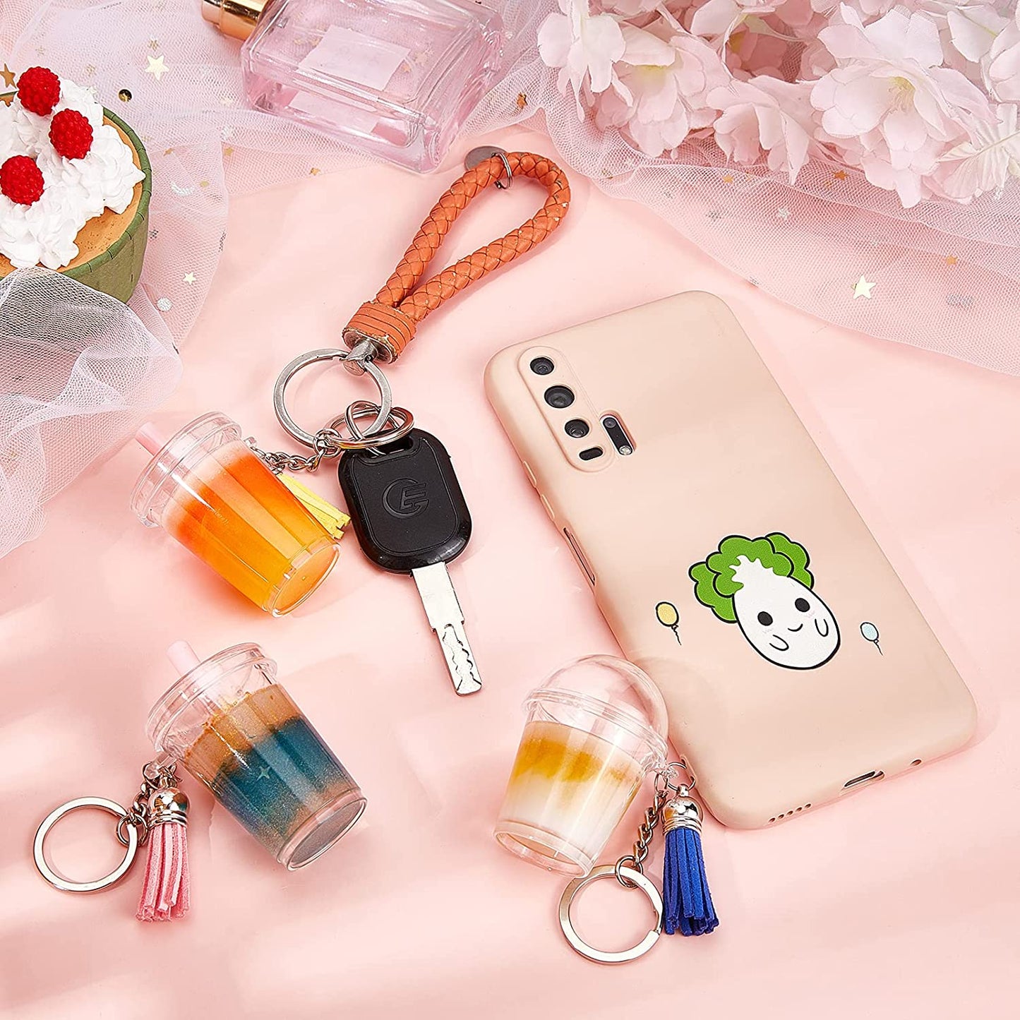 302Pcs Mini Milky Tea Keychain Accessories Bubble Tea Cream Glue Casting Kit Mini Cup Pendant Charms with Keychain Rings Tassels Bubbles Straws for Key Chain DIY and Earring Making