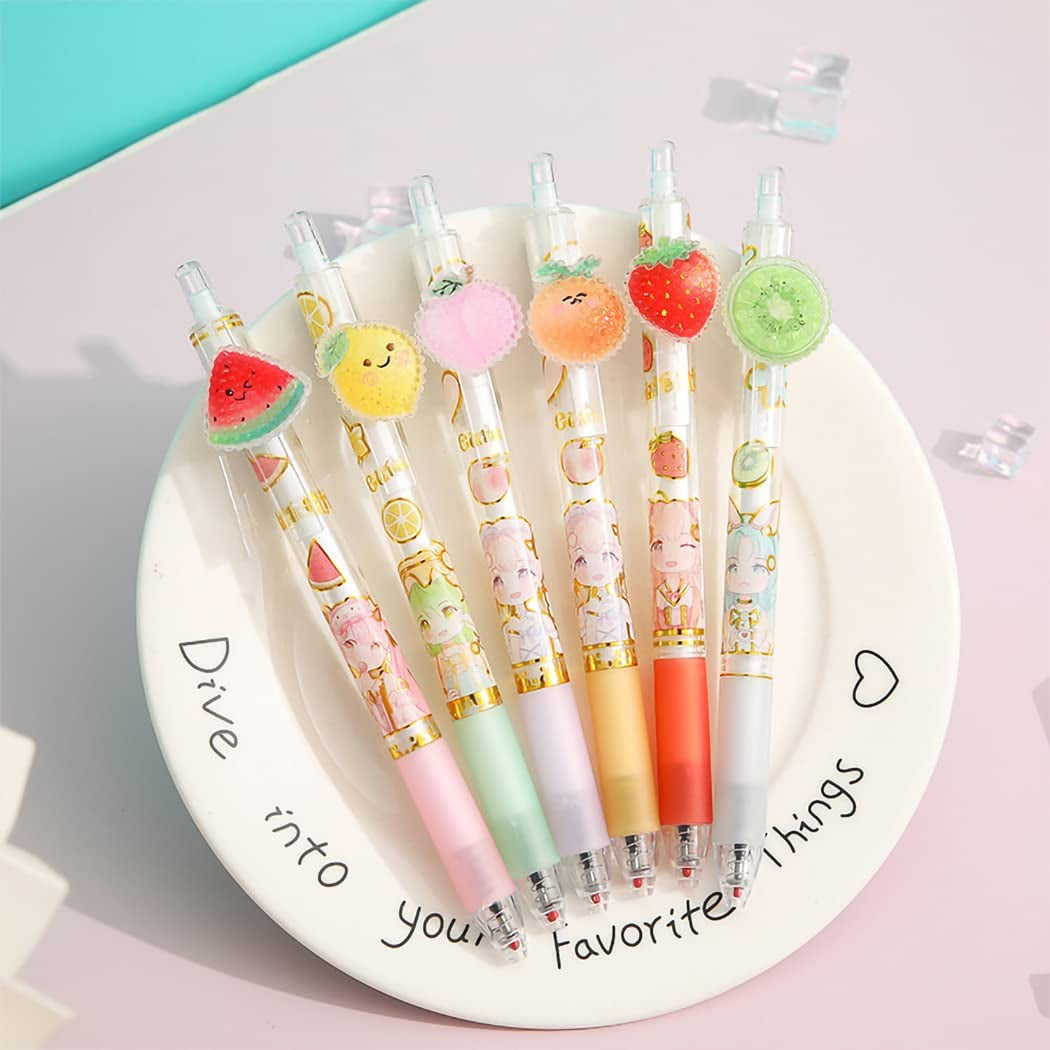 Girl Cute Pens, Creative Fruit Pen, Retractable Gel Pens, Kawaii Gel Pen, 0.5Mm Extra-Fine Pen, Perfect for Office School Supplies Gifts for Boys Girls,Pack of 6Pcs (Cute Fruit)