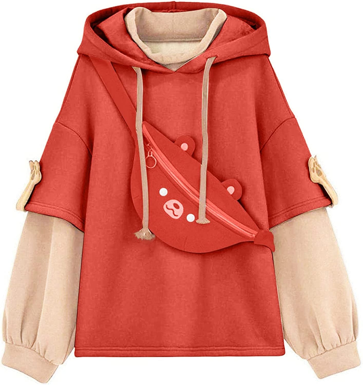 Brown Bear Hoodie for Womens Long Sleeve Sweatshirts Patchwork Shirts with Cute Personality Bag