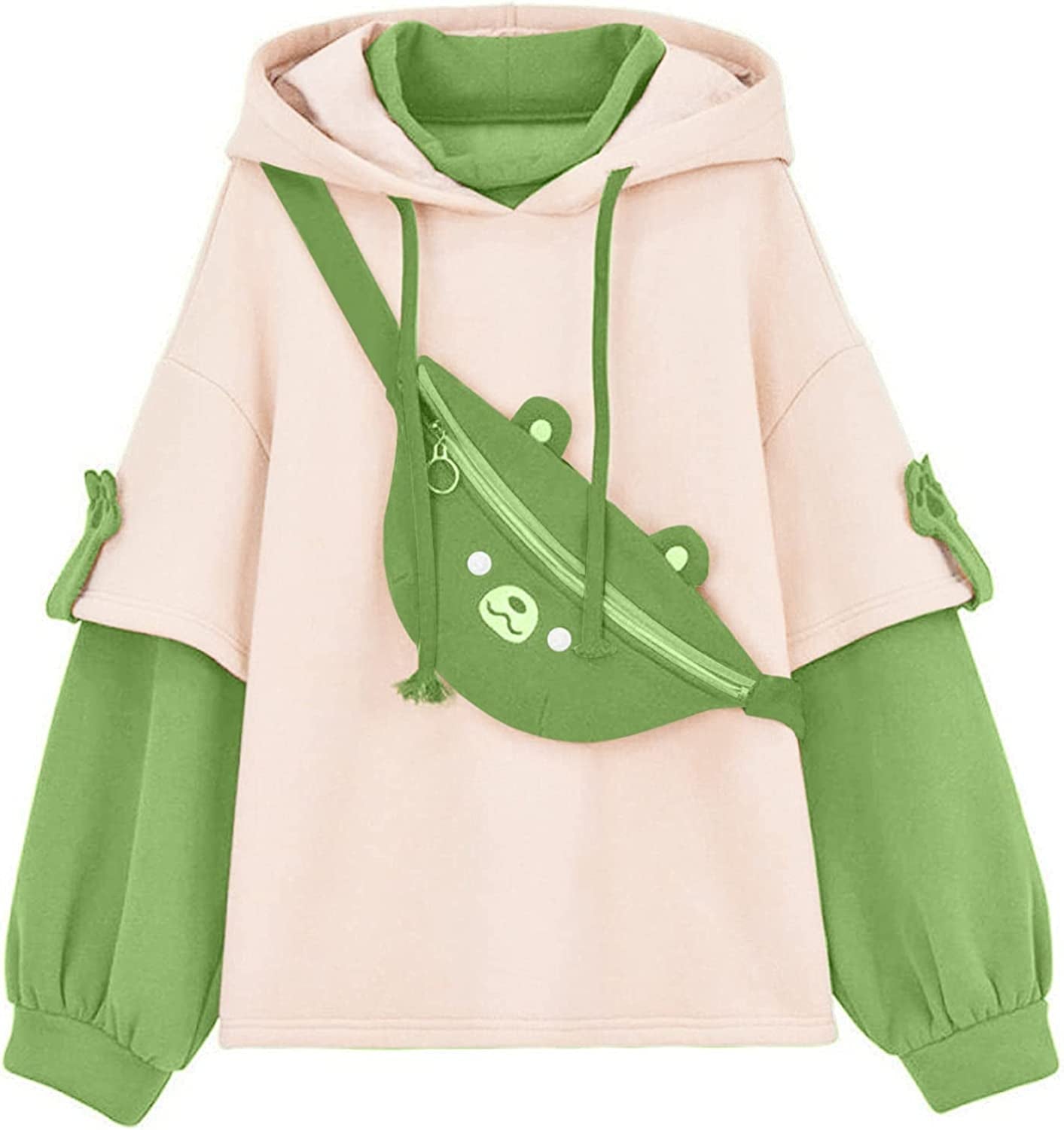 Brown Bear Hoodie for Womens Long Sleeve Sweatshirts Patchwork Shirts with Cute Personality Bag
