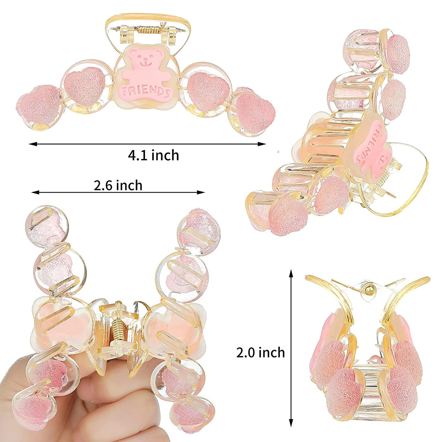 4 Pcs Hair Claw Clips, Warm Color Heart Sweet Bear Peach Shape Large Hair Claw Clips for Women Girls Thin Thick Curly Hair Blue Transparent Pink 4 Count (Pack of 1)