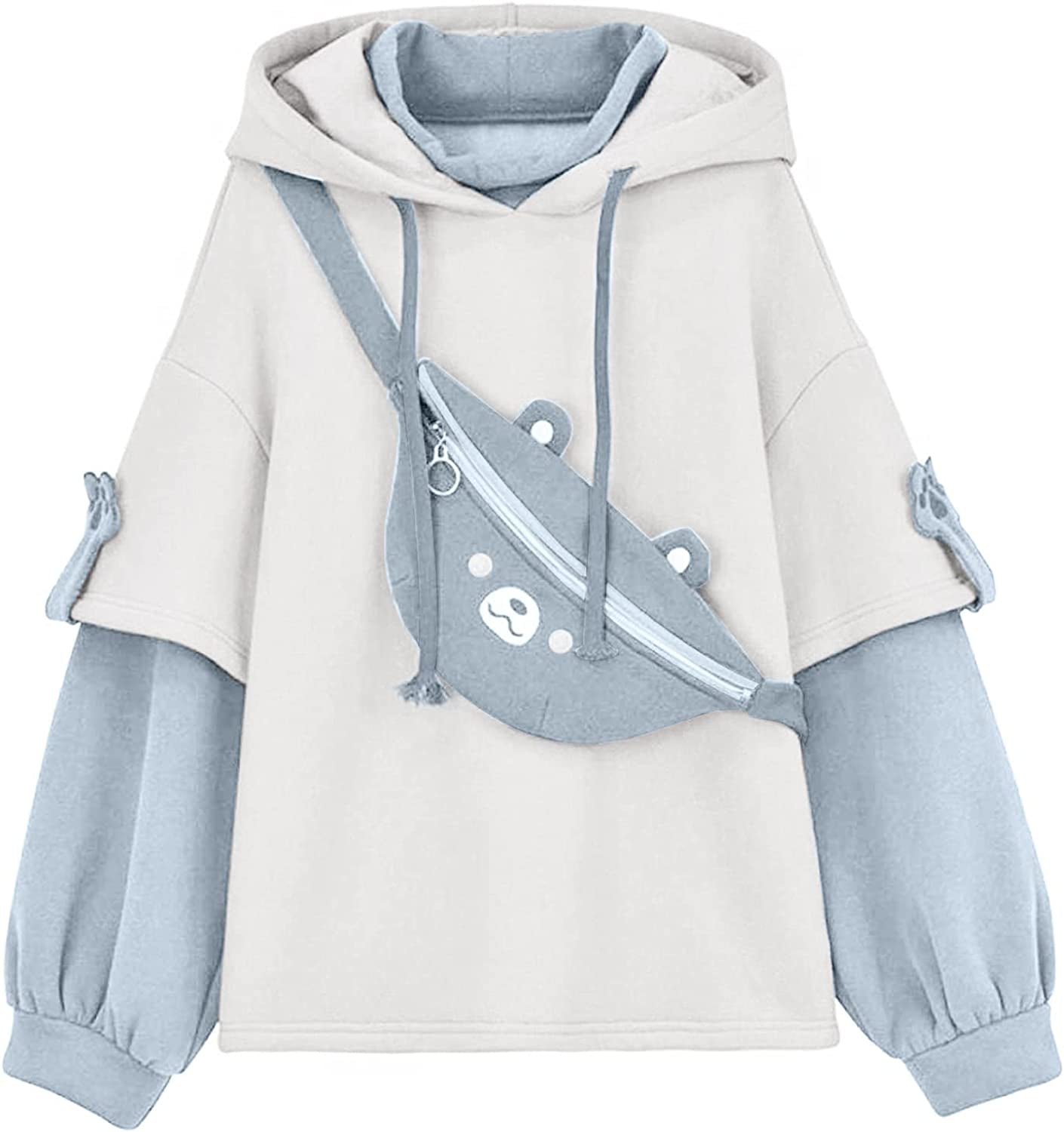 Brown Bear Hoodie for Womens Long Sleeve Sweatshirts Patchwork Shirts with Cute Personality Bag