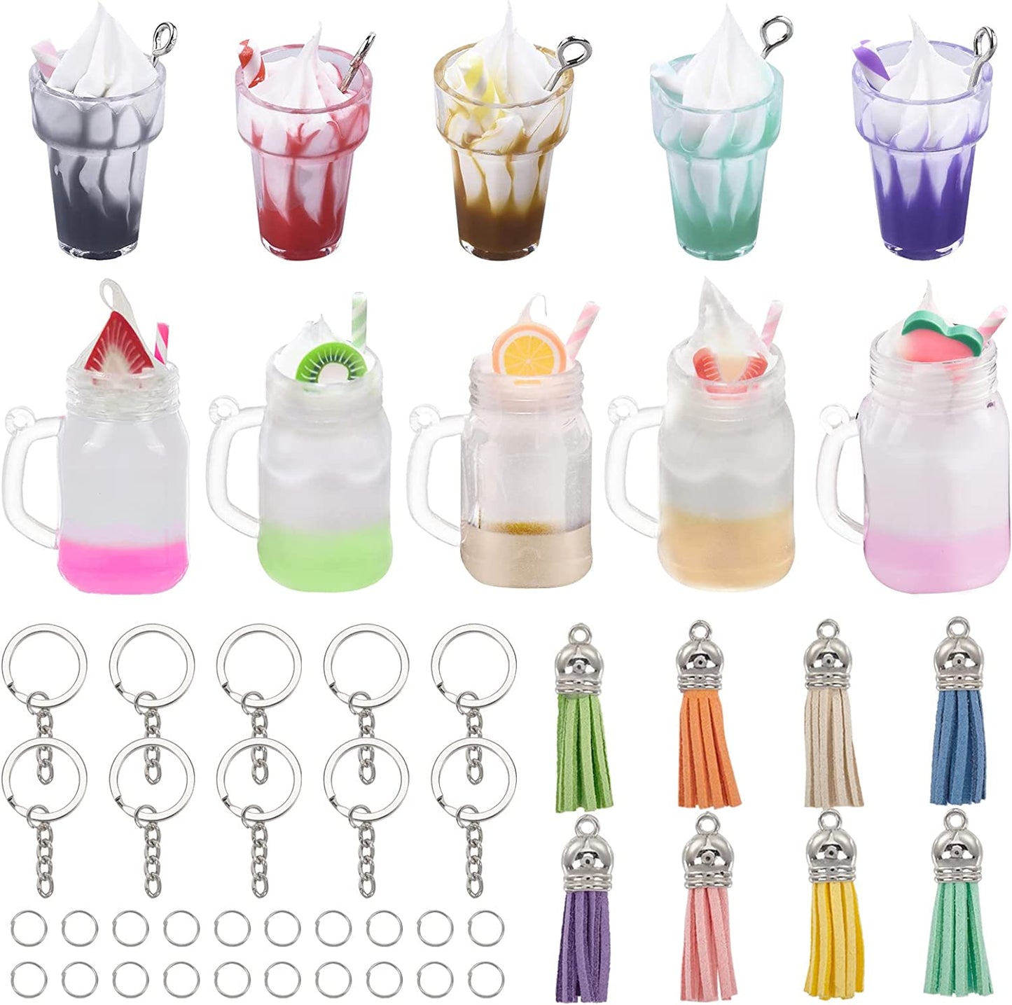 302Pcs Mini Milky Tea Keychain Accessories Bubble Tea Cream Glue Casting Kit Mini Cup Pendant Charms with Keychain Rings Tassels Bubbles Straws for Key Chain DIY and Earring Making