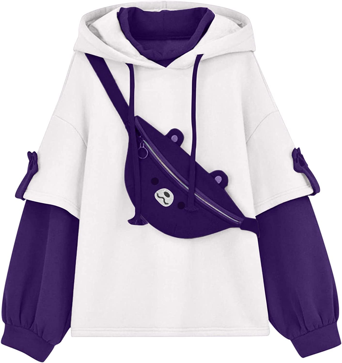 Brown Bear Hoodie for Womens Long Sleeve Sweatshirts Patchwork Shirts with Cute Personality Bag