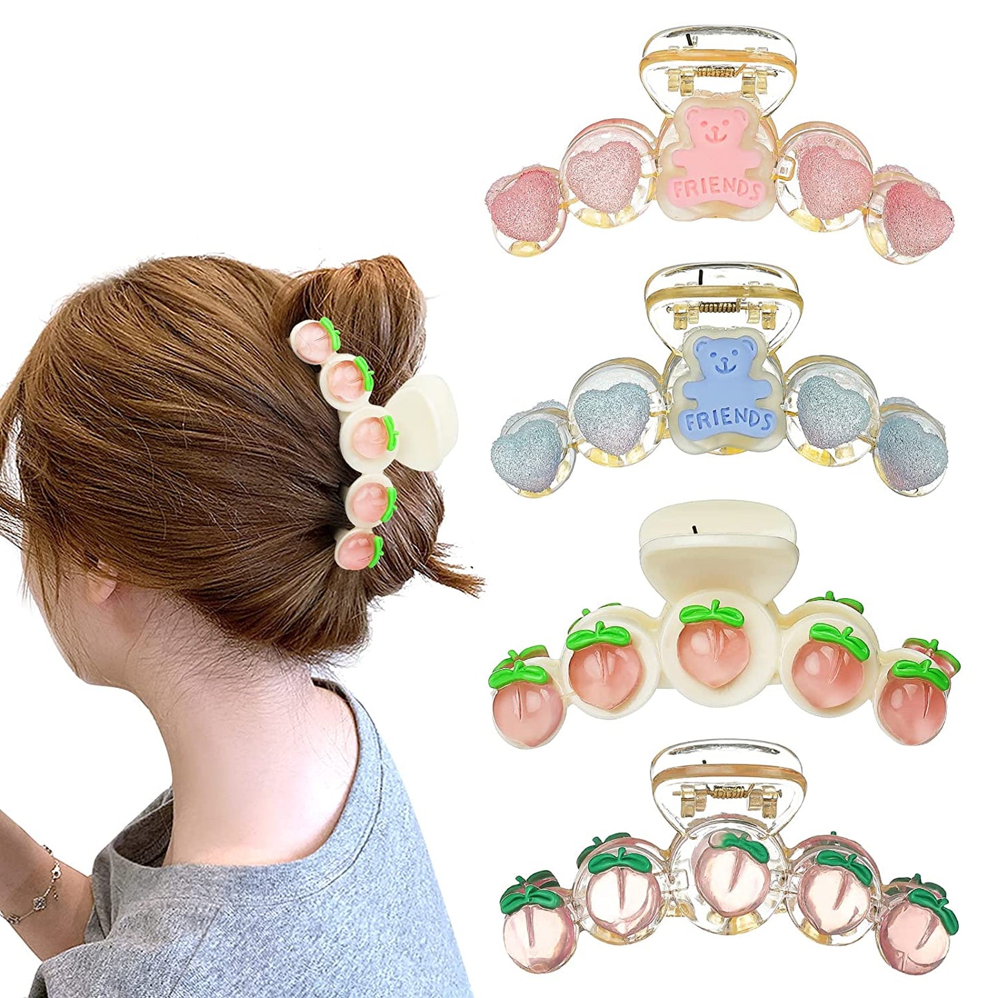 4 Pcs Hair Claw Clips, Warm Color Heart Sweet Bear Peach Shape Large Hair Claw Clips for Women Girls Thin Thick Curly Hair Blue Transparent Pink 4 Count (Pack of 1)