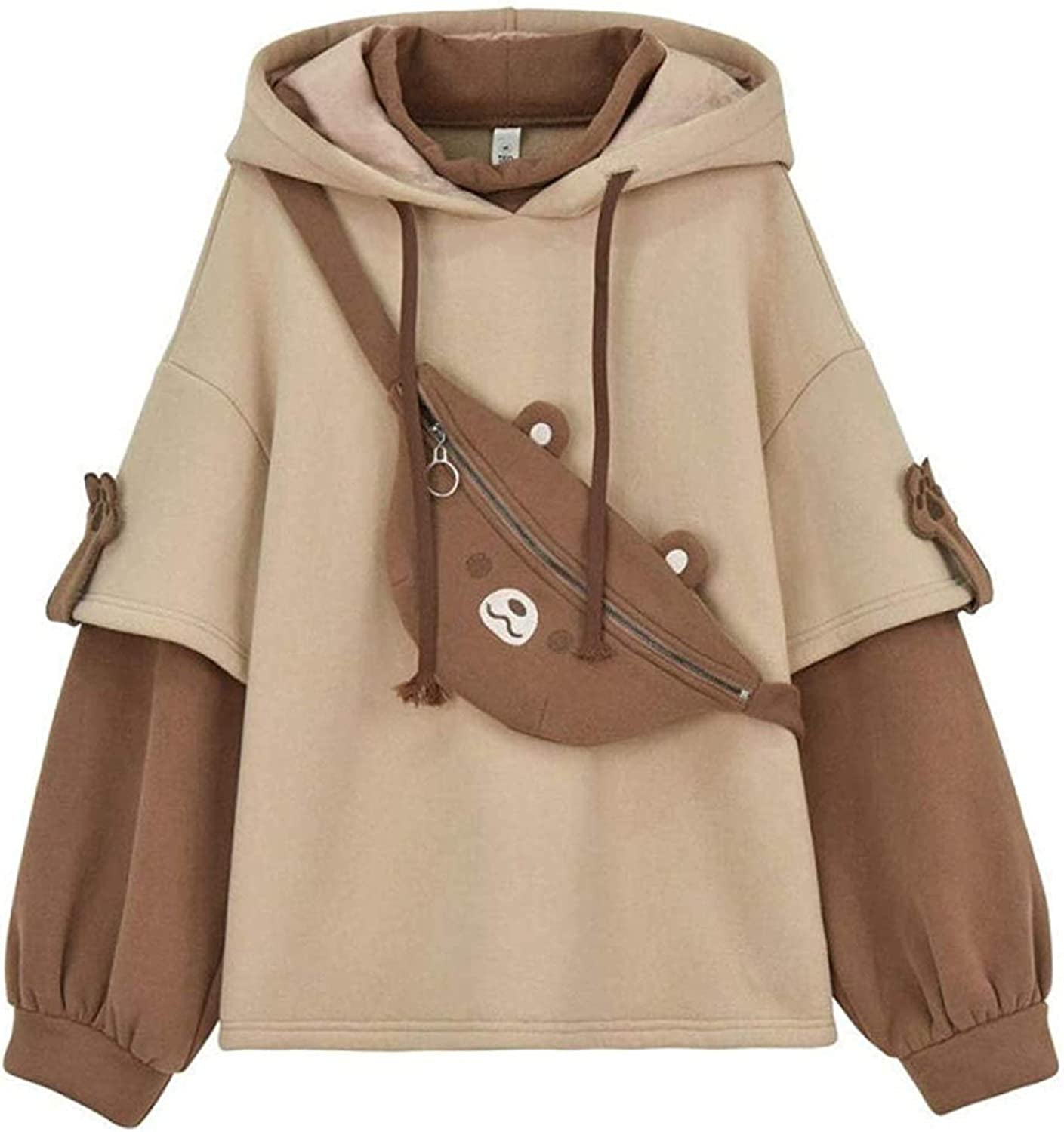 Brown Bear Hoodie for Womens Long Sleeve Sweatshirts Patchwork Shirts with Cute Personality Bag
