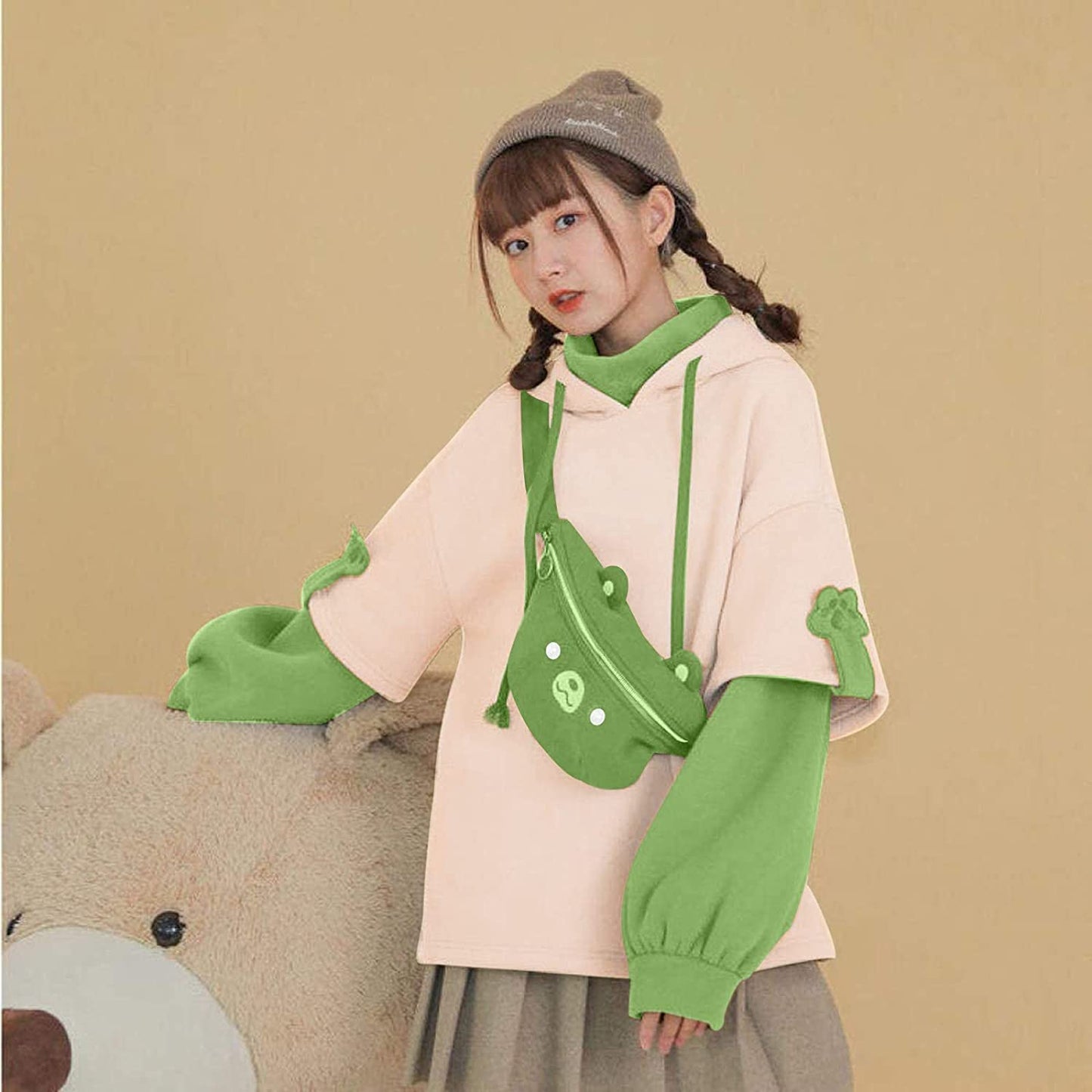 Brown Bear Hoodie for Womens Long Sleeve Sweatshirts Patchwork Shirts with Cute Personality Bag