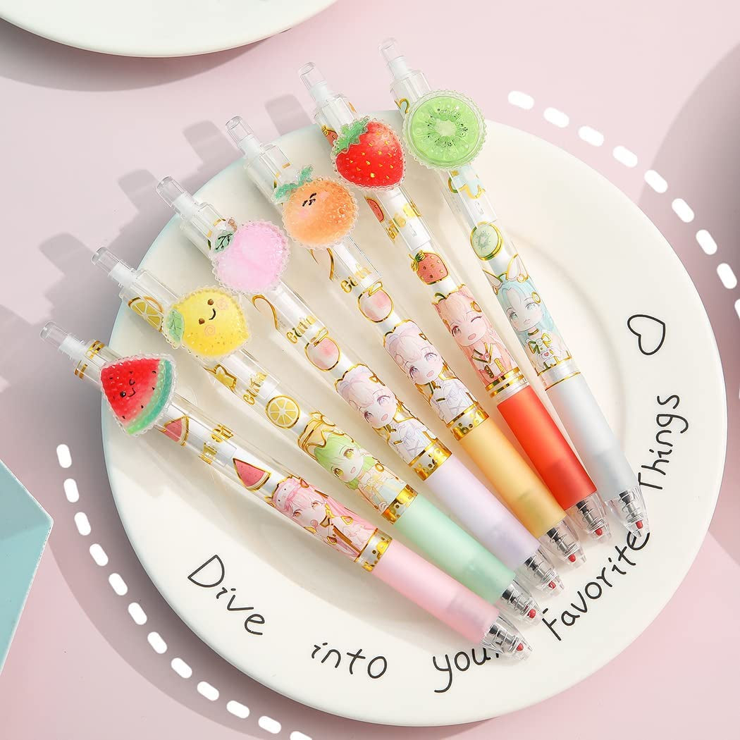 Girl Cute Pens, Creative Fruit Pen, Retractable Gel Pens, Kawaii Gel Pen, 0.5Mm Extra-Fine Pen, Perfect for Office School Supplies Gifts for Boys Girls,Pack of 6Pcs (Cute Fruit)