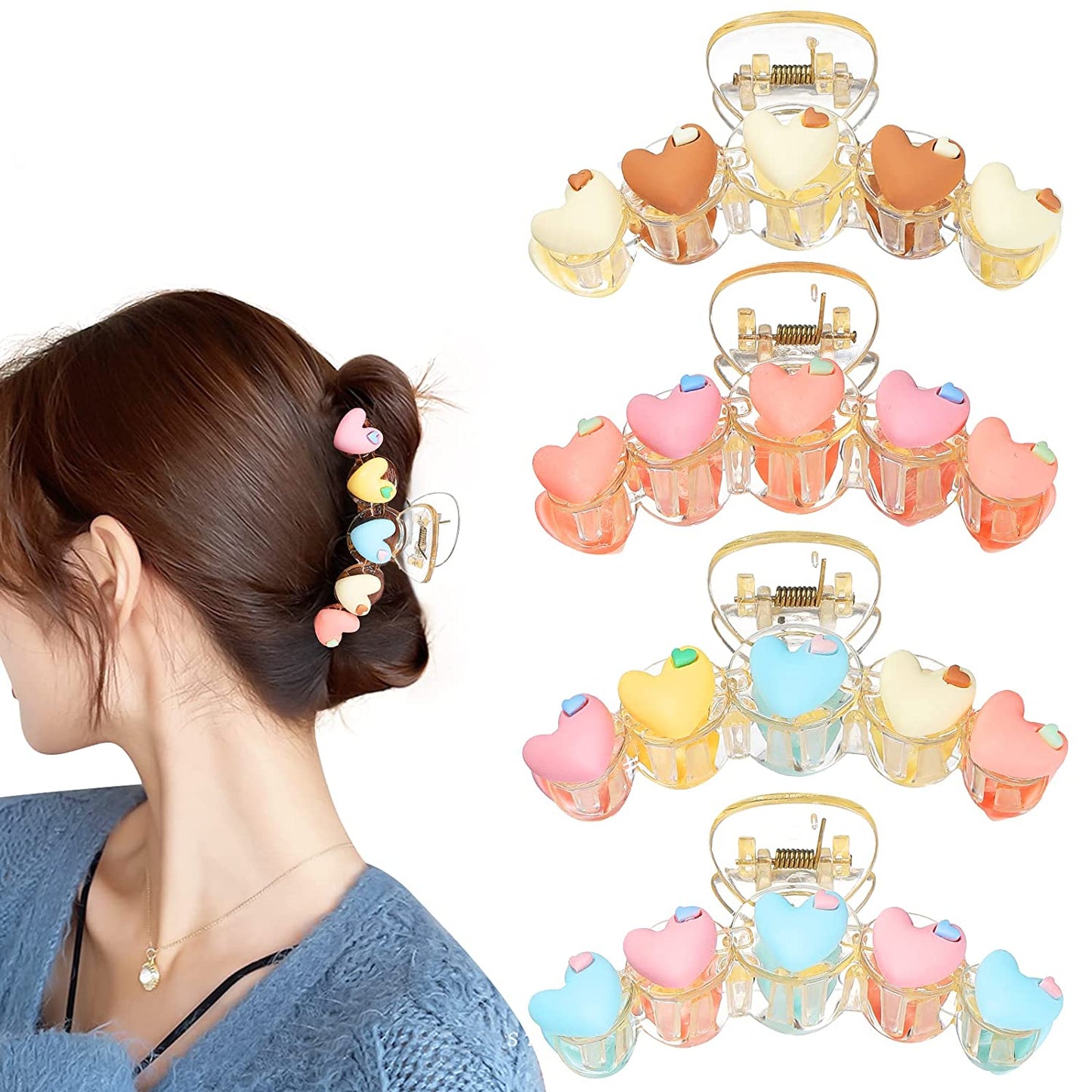 4 Pcs Hair Claw Clips, Warm Color Heart Sweet Bear Peach Shape Large Hair Claw Clips for Women Girls Thin Thick Curly Hair Blue Transparent Pink 4 Count (Pack of 1)