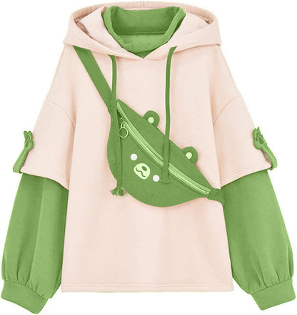 Brown Bear Hoodie for Womens Long Sleeve Sweatshirts Patchwork Shirts with Cute Personality Bag
