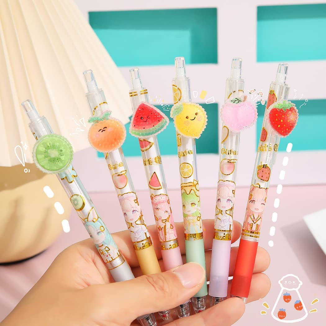 Girl Cute Pens, Creative Fruit Pen, Retractable Gel Pens, Kawaii Gel Pen, 0.5Mm Extra-Fine Pen, Perfect for Office School Supplies Gifts for Boys Girls,Pack of 6Pcs (Cute Fruit)